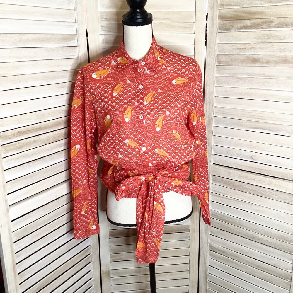 Richards Brazil Red 100% Cotton Gold Fish Print Tie Waist Blouse L